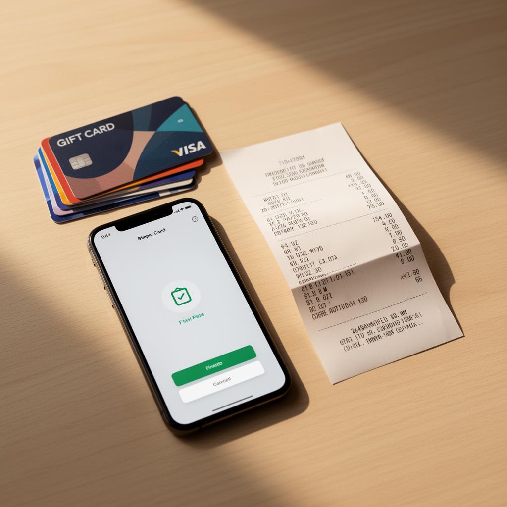 Gift cards, a phone showing a payout screen, and a grocery receipt